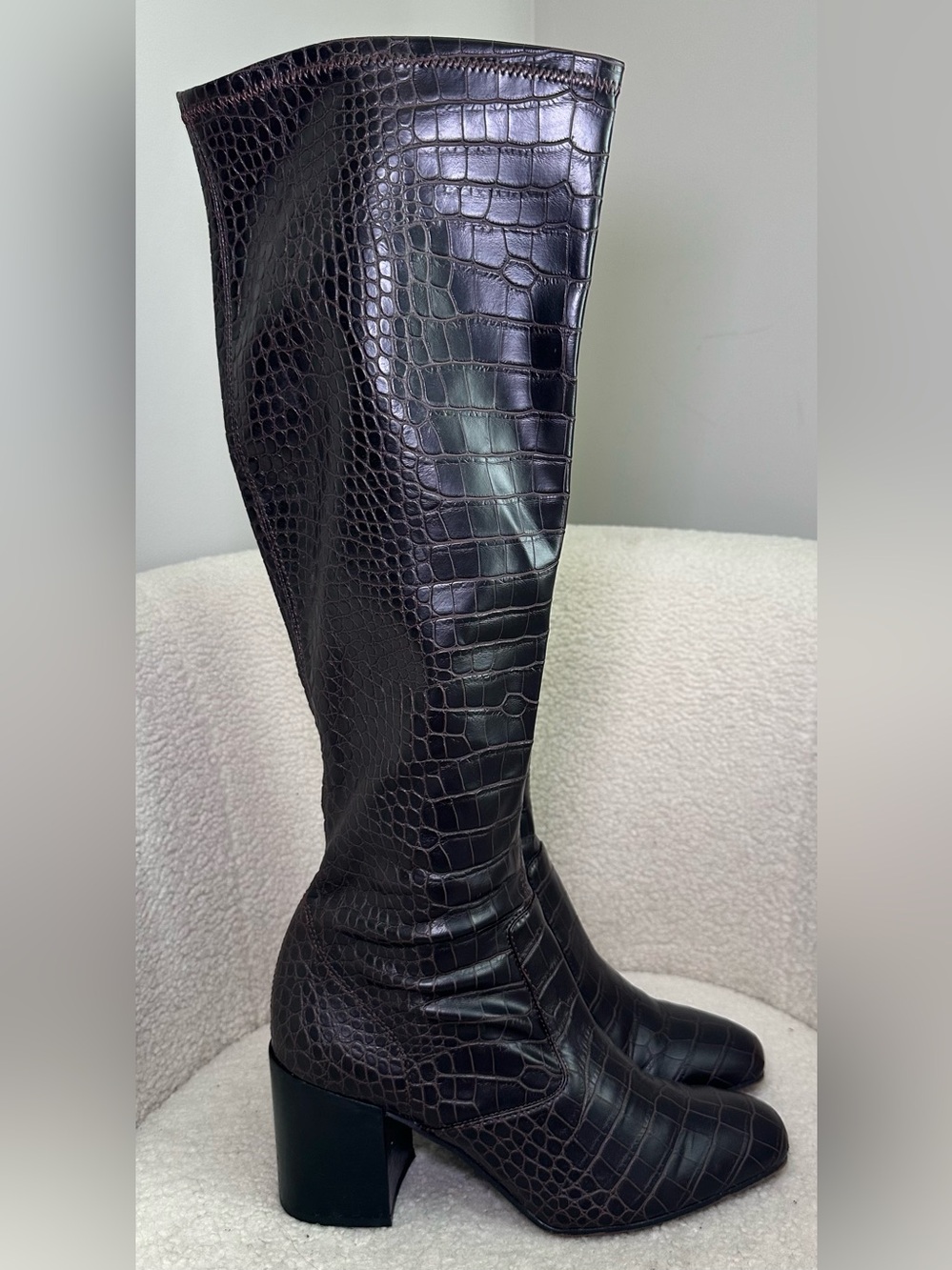 Franco Sarto Talfer Brown Croc Embossed Knee High Boots Fall Winter Equestrian